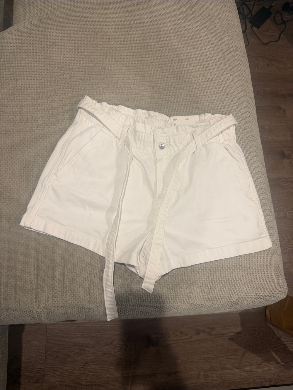 American Eagle Outfitters White High-Waist Paperbag Shorts with Tie Belt